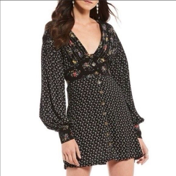 Free People Wonderland Floral Button Up Tunic Dress Size M Black Boho Cottage - Picture 1 of 10